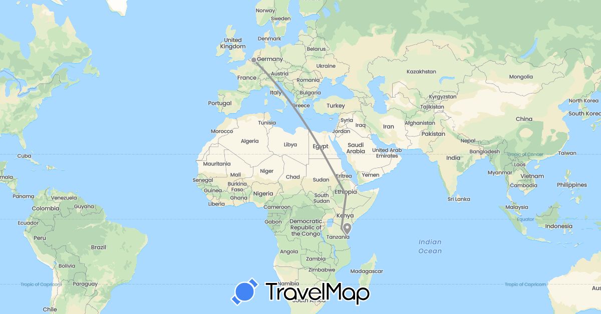 TravelMap itinerary: driving, plane in Belgium, Ethiopia, Tanzania (Africa, Europe)